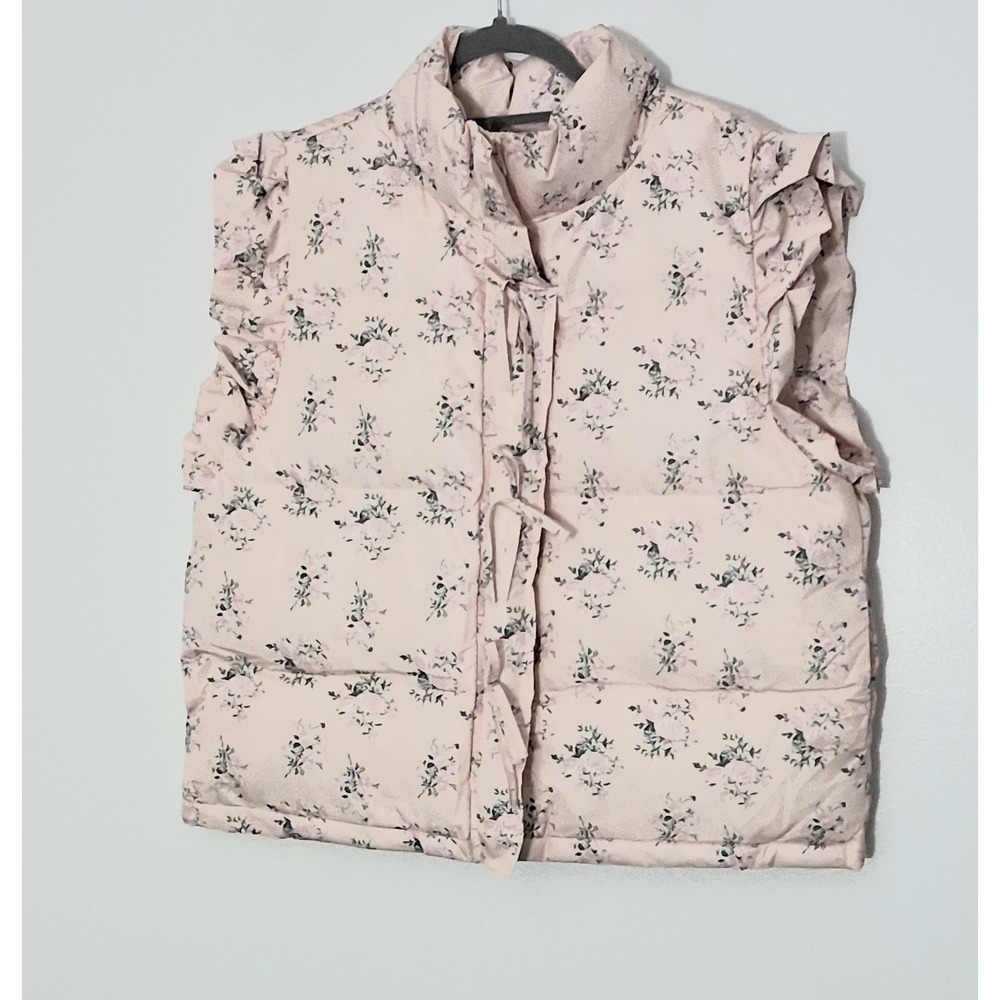 Floral Ruffle Puffer Vest Women's Size Large Pink Zip Up Bowties Sleeveless NEW